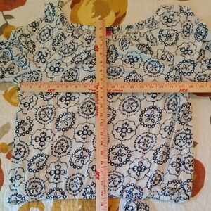 Blue and White Print Blouse with scoop/off shoulder neckline and ruffle 3/4 sle